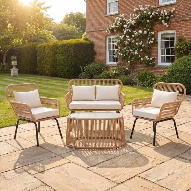 Artemis Home 4 Piece Outdoor Lounge Set with Round Glass Coffee Table and Upholstered Seating in Black and Beige