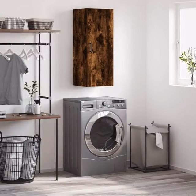 Berkfield Home Wall Mounted Smoked Oak Cabinet in Brown W/D/H: 34.5 x 34 x 90 cm