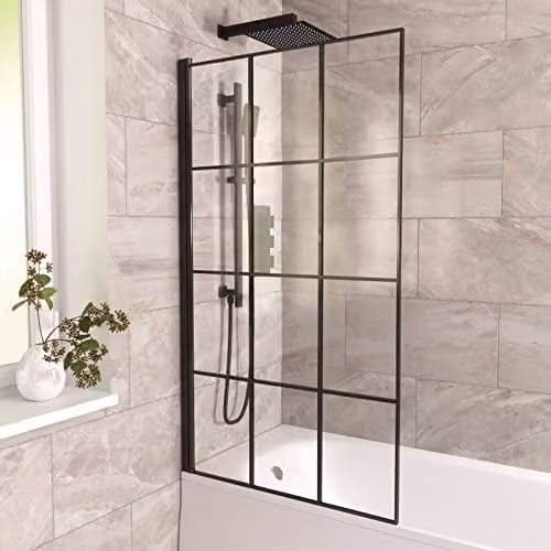 Nes Home Square Reversible Hinged Bath Screen with Clear Glass and Black Profile, W: 80 cm, H: 140 cm