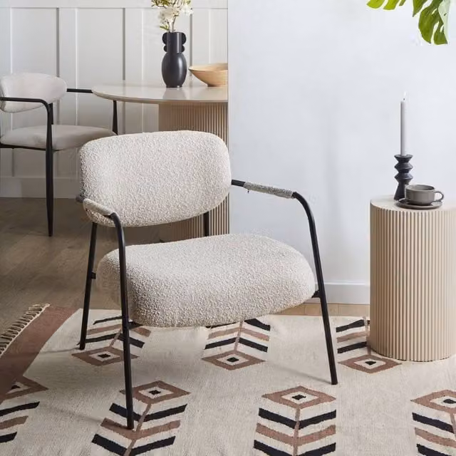 Wyld and Coco Mid Century Low Profile Lounge Armchair in Beige with Metal Frame and Polyester Fabric