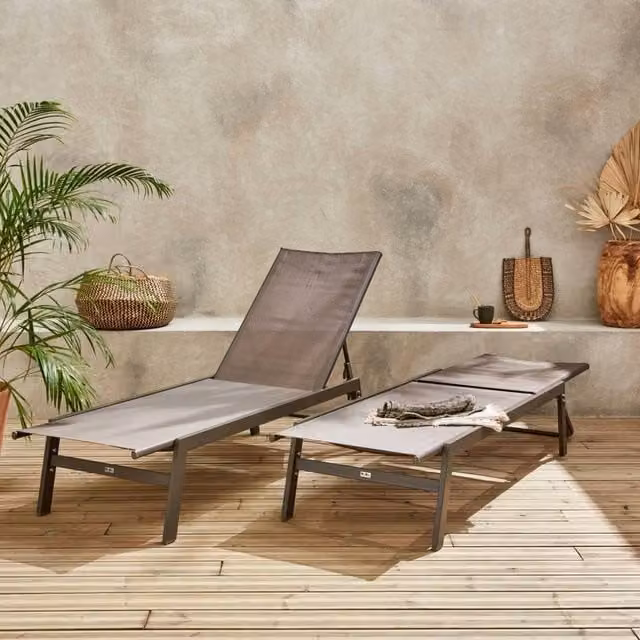 sweeek Set of 2 Multi-position Brown Textilene and Powder Coated Steel Deckchairs