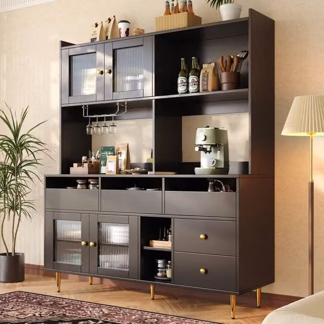 Merax Modern Kitchen Dresser with Glass Doors and Wine Glass Racks in Black, W/D/H: 171 x 39 x 145 cm