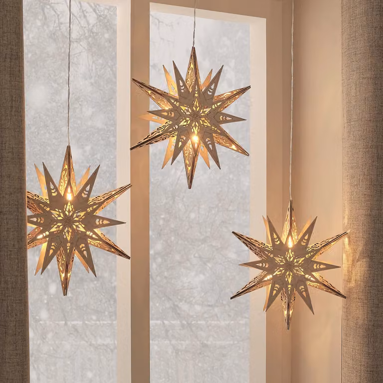 Set of 3 Lights4fun.co.uk Rustic Brown Wooden Star Hanging Christmas Decorations