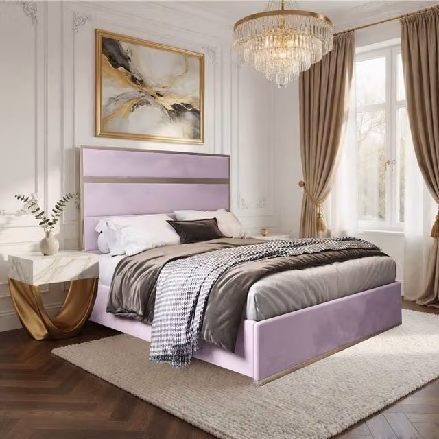 Casani Fladbury Upholstered Velvet Designer Bed Frame in Pink with Metal Details, W/D/H: 120 x 200 cm