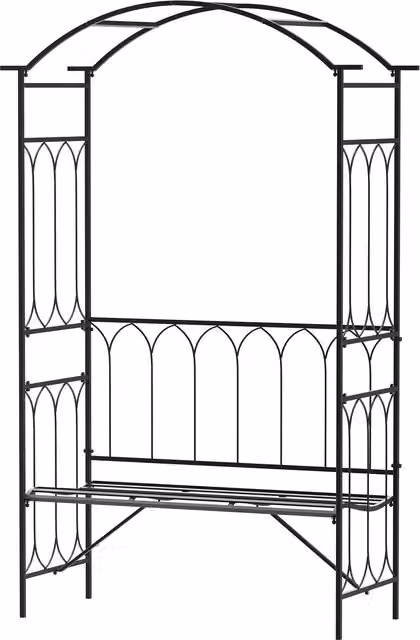 Outsunny Black Metal Garden Arch Bench and Rose Trellis Arbour with 2-Seater Chair, W: 115 cm, D: 50 cm, H: 203 cm