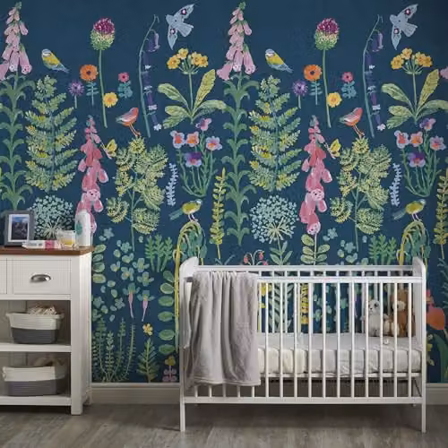 Grandeco Spring Meadow Flower Painted Sprig 3 Lane Repeatable Wallpaper Mural in Dark Teal, W: 280 cm, H: 159 cm