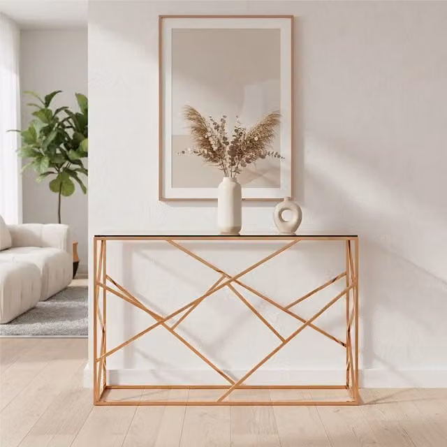 Orsina Geometric Rose Gold Console Table with Glass Top, W/D/H: 120 x 40 x 76 cm