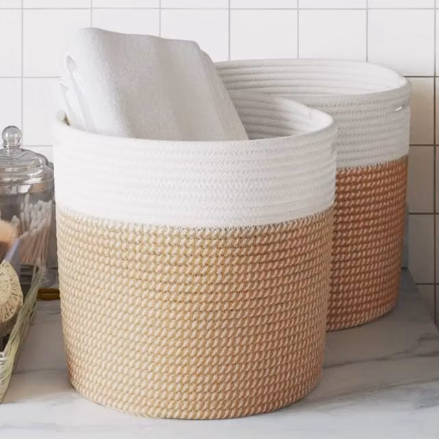 Berkfield Set of 2 Open Weave Cotton Storage Baskets in Brown and White, W/D/H: 28 x 28 x 28 cm