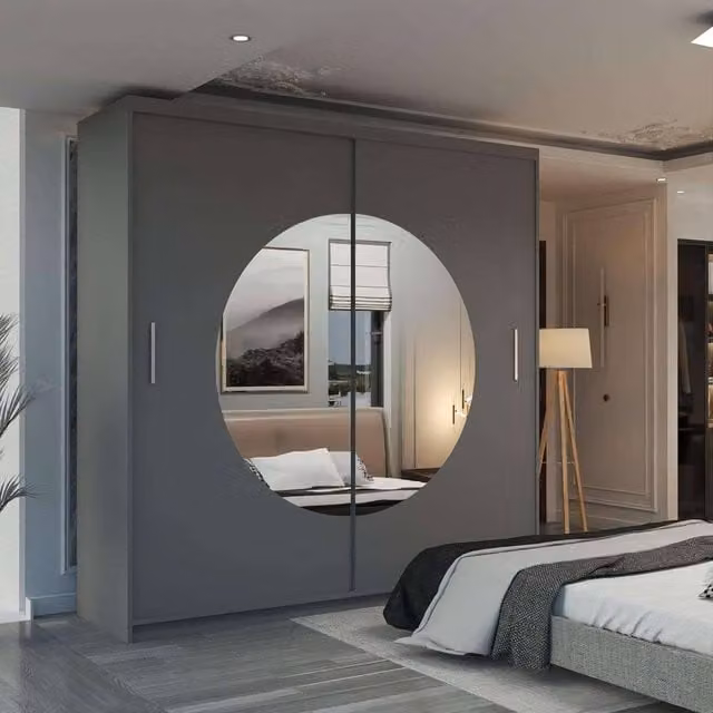MN Furniture Milos Grey Sliding Wardrobe with Mirror and Integrated LED Lighting W: 203 cm, H: 217 cm