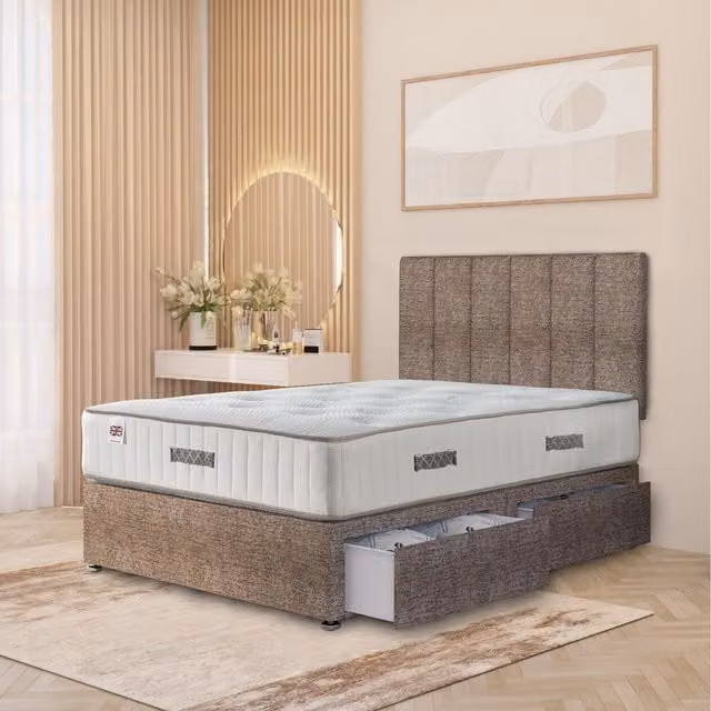 Somnior Beds Ltd Austin Hybrid Orthopaedic Divan Storage Bed with Drawers and Upholstered Headboard, Brown, W/D/H: 200 x 200 cm