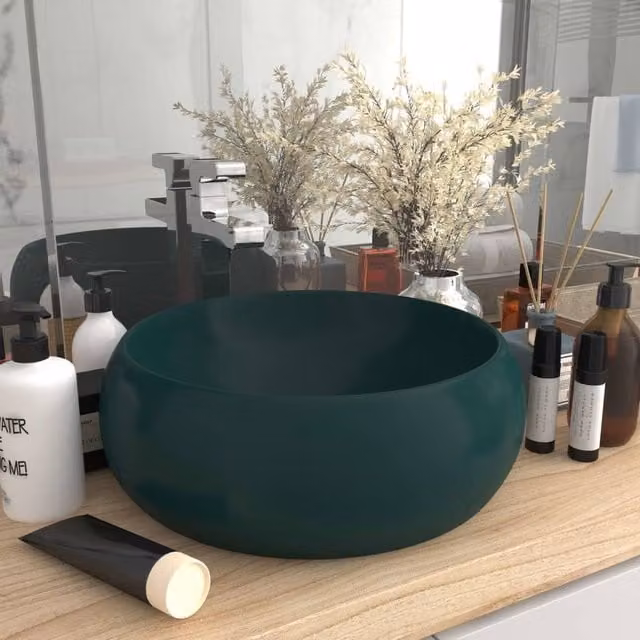 Berkfield Home Luxury Round Ceramic Wash Basin in Matt Dark Green, W/D/H: 40 x 40 x 15 cm