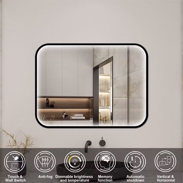 AicaBathroom Black Frame LED Rectangular Bathroom Mirror with 3 Colour Light and Touch Switch, Width: 70 cm