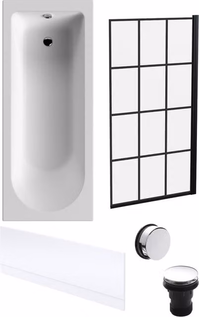 Balterley Round White Bath with Front Panel, Black Square Screen and Chrome Waste, W/D/H: 170 x 70 x 3 cm