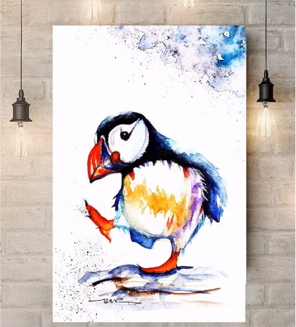 BebesArts Puffin Canvas Wall Painting in Red and Multicolour, W: 30.48 cm x H: 20.32 cm