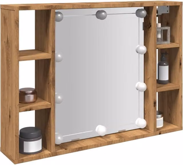 Berkfield Home LED Mirror Cabinet in Artisan Oak Brown, W/D/H: 76 x 15 x 55 cm