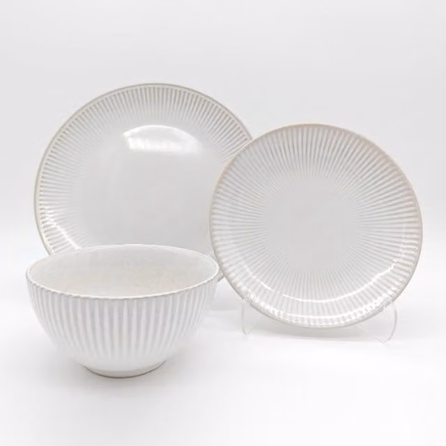 Glim & Glam Beige and White Reactive Glaze Stoneware Dinner Set for Adults