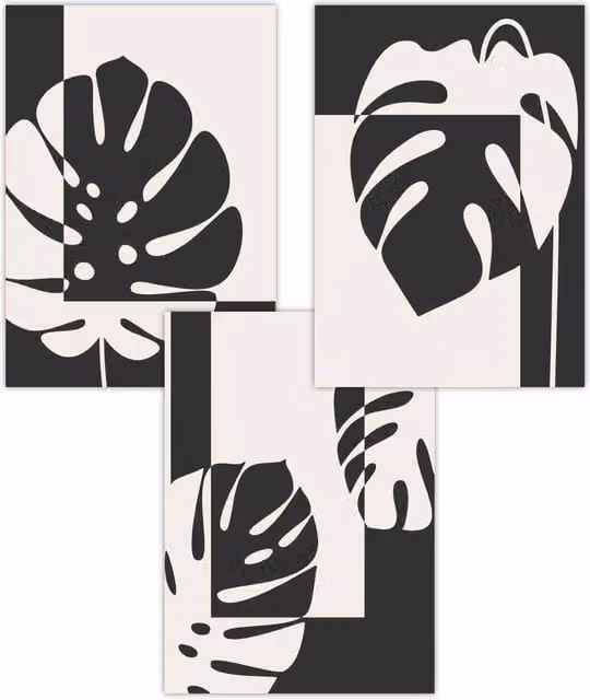 ARTZE Set of 3 Mid Century Monstera Botanical Paper Posters in Black and White, W: 42 cm x H: 59 cm