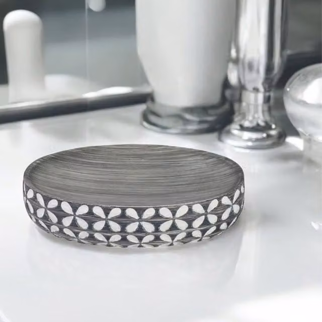 Showerdrape Ravello Geo Floral Grey and White Polyresin Freestanding Soap Dish