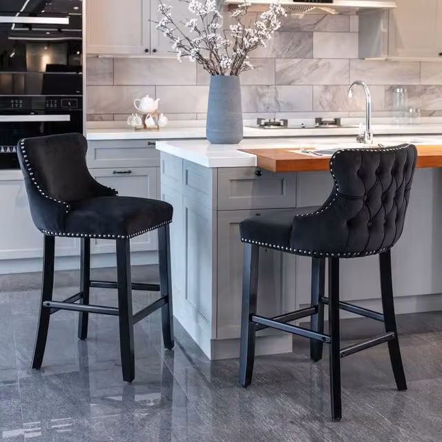 HomeTouch Set of 2 Contemporary Velvet Upholstered Wing-Back Barstools in Grey and Black