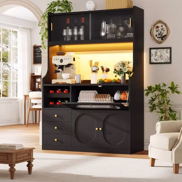 Merax Modern Black Kitchen Dresser with Integrated Lighting, Wine Rack and Glass Sliding Doors, H: 180 cm x W: 61 cm x D: 40 cm