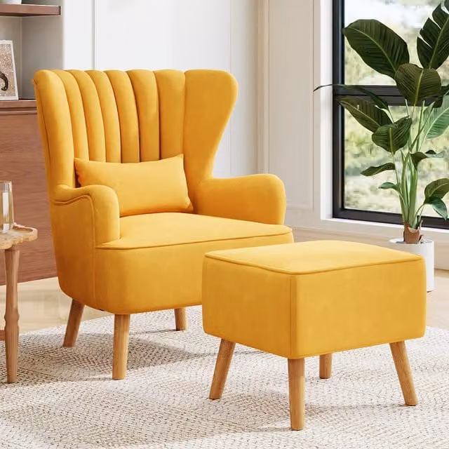 Komore Mid-Century Yellow Fabric Upholstered Tub Armchair with Matching Footstool