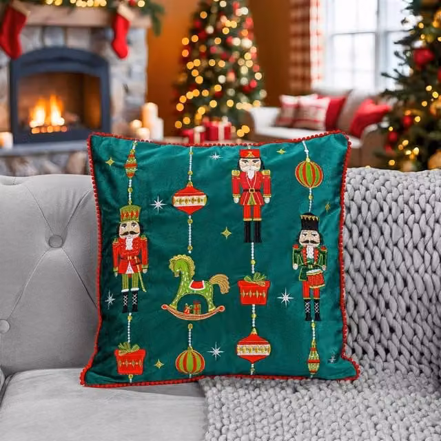 Luxury Living Green Embroidered Nutcracker Christmas Cushion, W x H: 45 x 45 cm