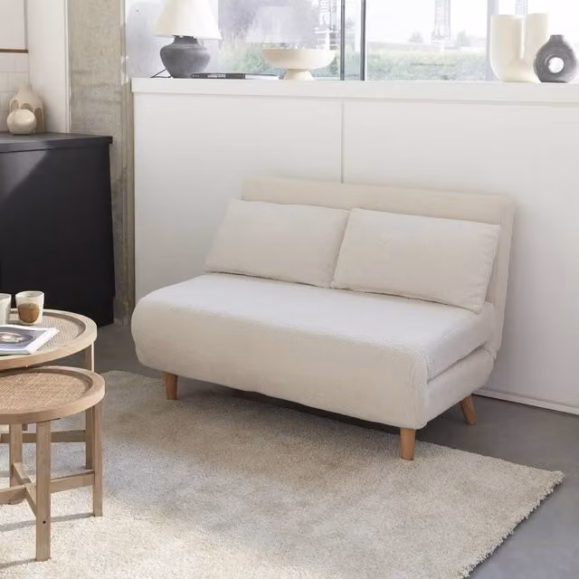 sweeek 2-Seater Scandi-Style Folding Sofa Bed in Cream Bouclé with Scatter Cushions