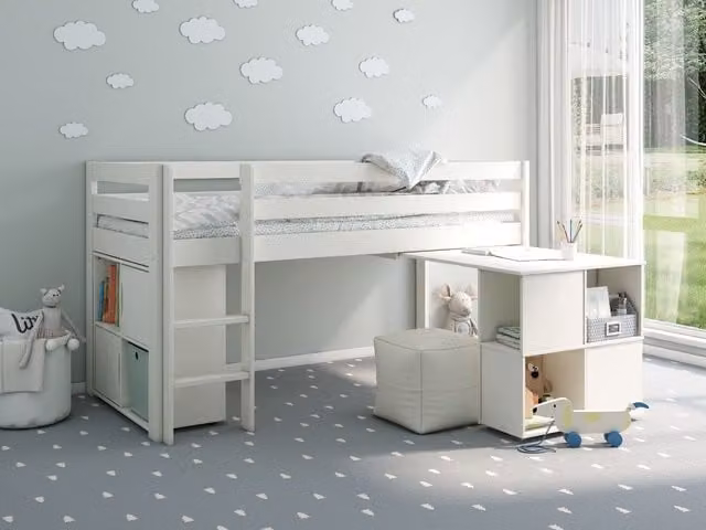 Noomi Nora Solid Wood Mid Sleeper Craft Cabin Bed in White, W/D/H: 200 x 100 x 116.5 cm
