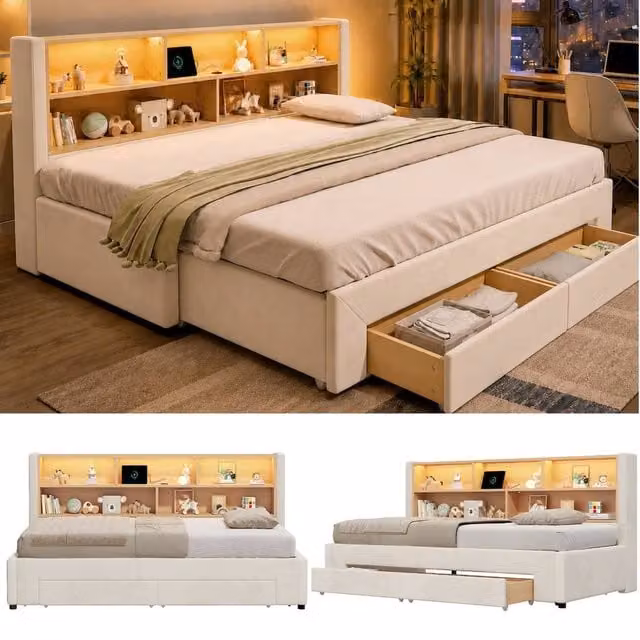 BTM Single Velvet Pull-Out Guest Bed with LED Lighting and Storage Drawers, Beige, W/D/H: 90 x 190 x 82.5 cm