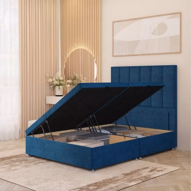 Somnior Beds Ltd Austin Navy Blue Plush Velvet Single Ottoman Bed with Solid Wood Frame and Floor Standing Headboard W/D/H: 90 x 190 x 92 cm