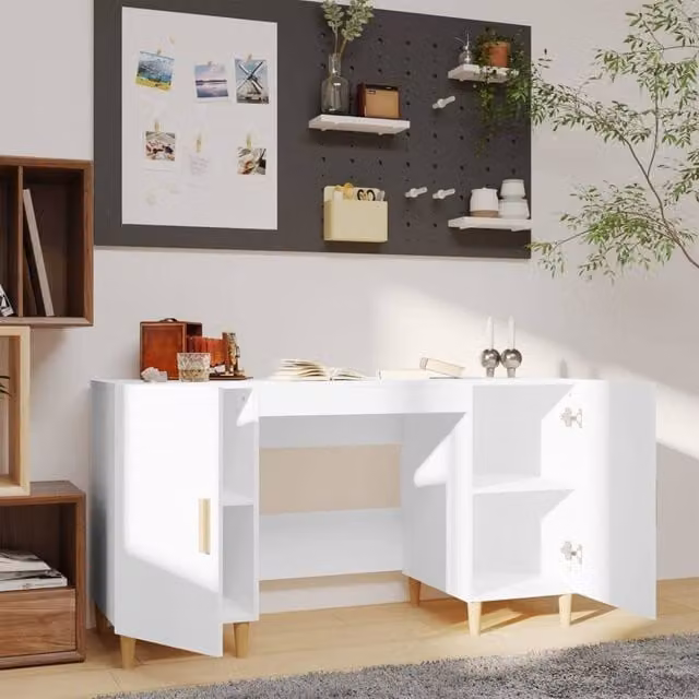 Berkfield Home White Writing Desk in Engineered Wood, W/D/H: 140 x 50 x 75 cm