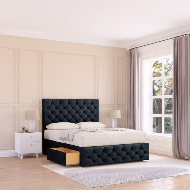 Sloomy Watson Chesterfield Divan Bed Base and Headboard Set in Black Velvet, W/D/H: 120 x 200 x 137.16 cm