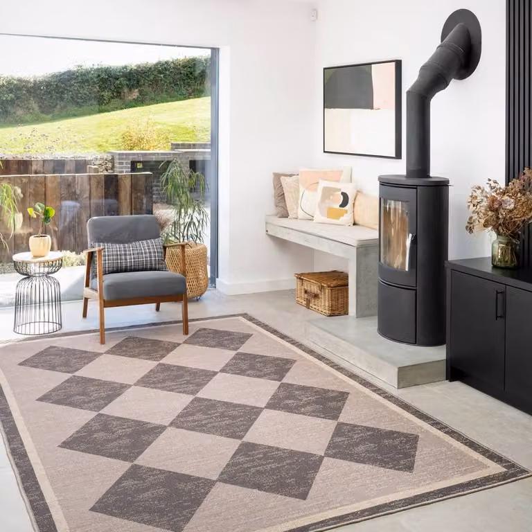 Kukoon Machine Washable Jute and Cotton Checkerboard Area Rug in Beige, W: 280 cm, D: 380 cm