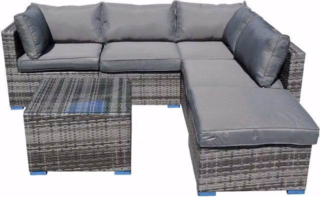 Furniture One 6 Piece Modular L-Shape Outdoor Garden Sofa in Grey Polyrattan with Upholstered Cushions