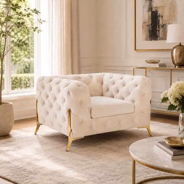 Stratus Interiors Cream Plush Velvet 1 Seater Italian Chesterfield Sofa