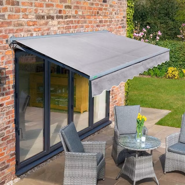 Primrose Semi Cassette Electric Retractable Awning with Charcoal Aluminium Frame, Silver, Width: 350 cm