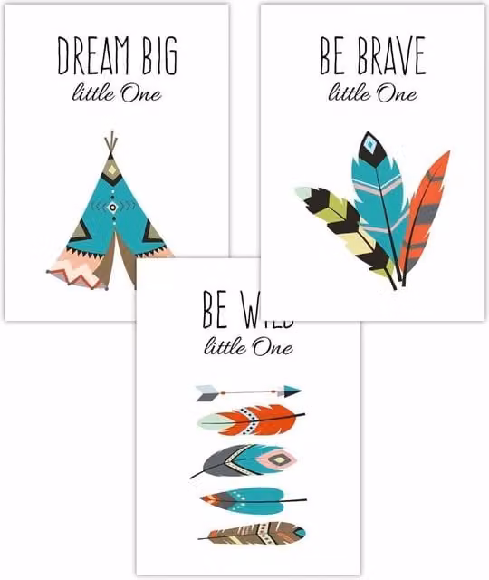 ARTZE Set of 3 Boho Tribal Quote Nursery Wall Posters, Multicolour, W: 30 cm, H: 42 cm