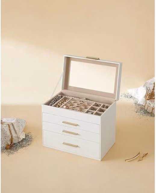 KORVIXA 4-Tier Jewellery Box with Glass Lid in White and Gold