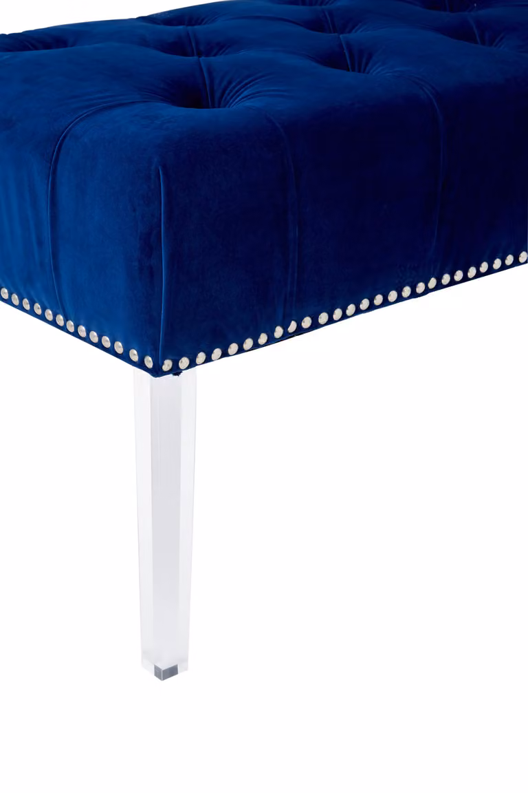 Orsina Contemporary Blue Velvet Button Tufted Upholstered Bench with Transparent Acrylic Legs