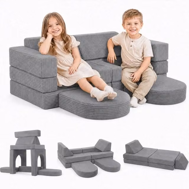 VOGREX Grey Modular Foam Block Sofa with Removable Washable Reversible Fabric Covers