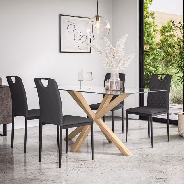 More4Homes Etta Glass Dining Table Set with Solid Oak Legs, Grey and Transparent, Includes 1 Rectangular Table and 4 Chairs