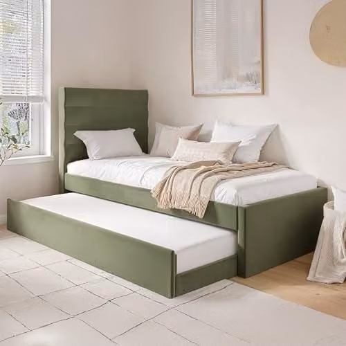 Flair Ari Upholstered Single Bed with Trundle in Green Velvet and Beige Bouclé, W/D/H: 90 x 190 cm