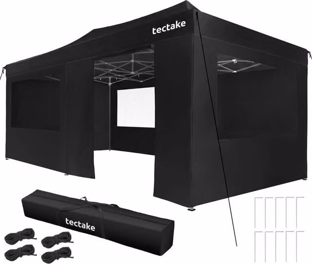 tectake Viola Aluminum Folding Pavilion in Black, W: 600 cm, D: 300 cm