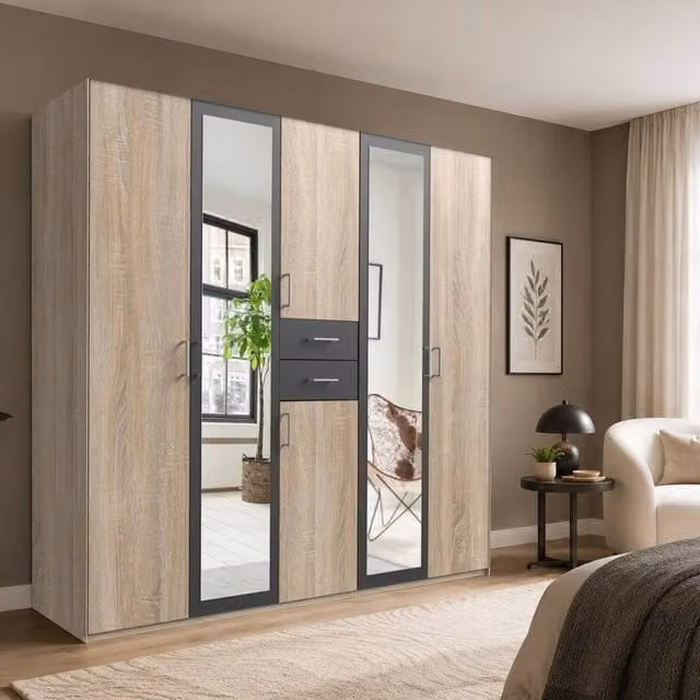KDMD Greenwich Graphite 5 Door Mirrored Wardrobe in Brown and Grey, H 225 cm x W 225 cm x D 58 cm