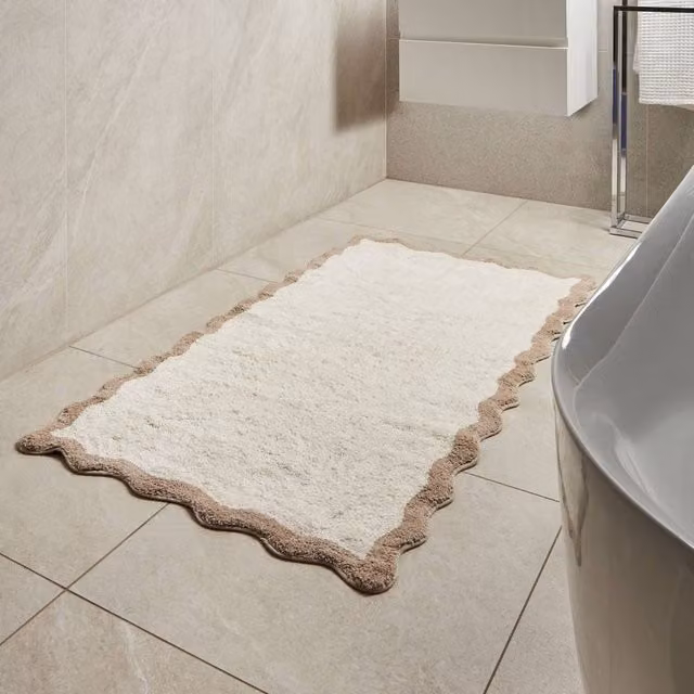 Wyld and Coco Beige and Brown Plush Cotton Bath Mat with Geometric Design, W/D/H: 80 x 150 x 1 cm