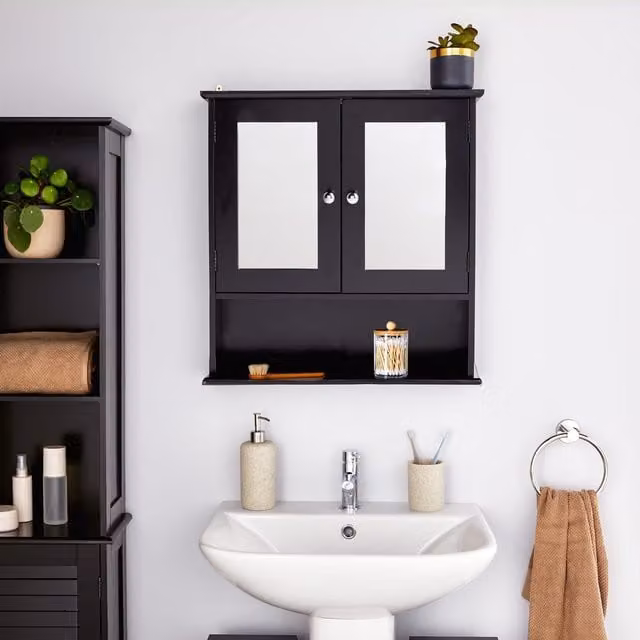 VonHaus Black 2 Door Wall Mounted Bathroom Mirror Cabinet with 3 Internal Shelves and 1 Open Shelf, H: 58 cm x W: 56 cm x D: 13 cm
