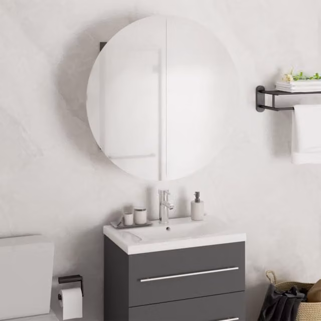 Berkfield Home Grey Wall Mounted Bathroom Cabinet with Round LED Mirror, W: 47 cm, H: 47 cm, D: 17.5 cm