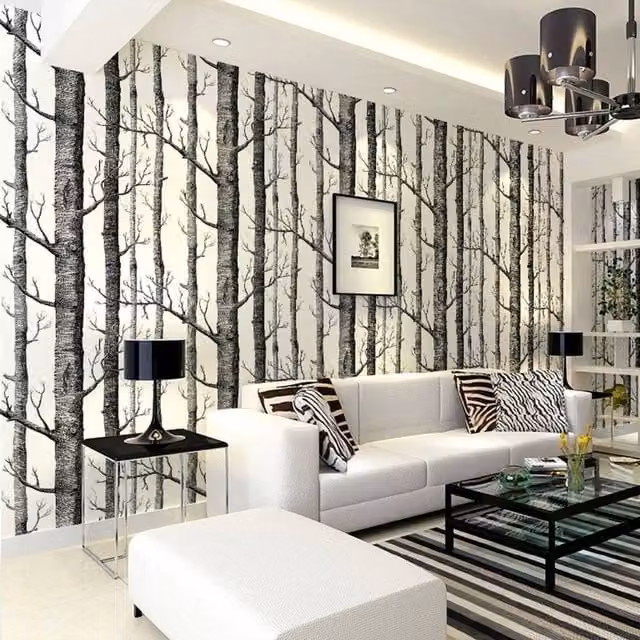 KORVIXA Birch Tree Rustic Wood 3D Wallpaper in Black, Width: 100 cm