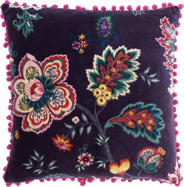 Paoletti Palampur Feather Rich Square Cushion in Damson Purple with Floral Velvet and Cotton Cover