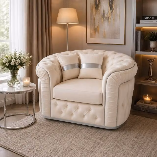 Stratus Interiors Ambassador Chesterfield Sofa in Cream Velvet with Silver Trim